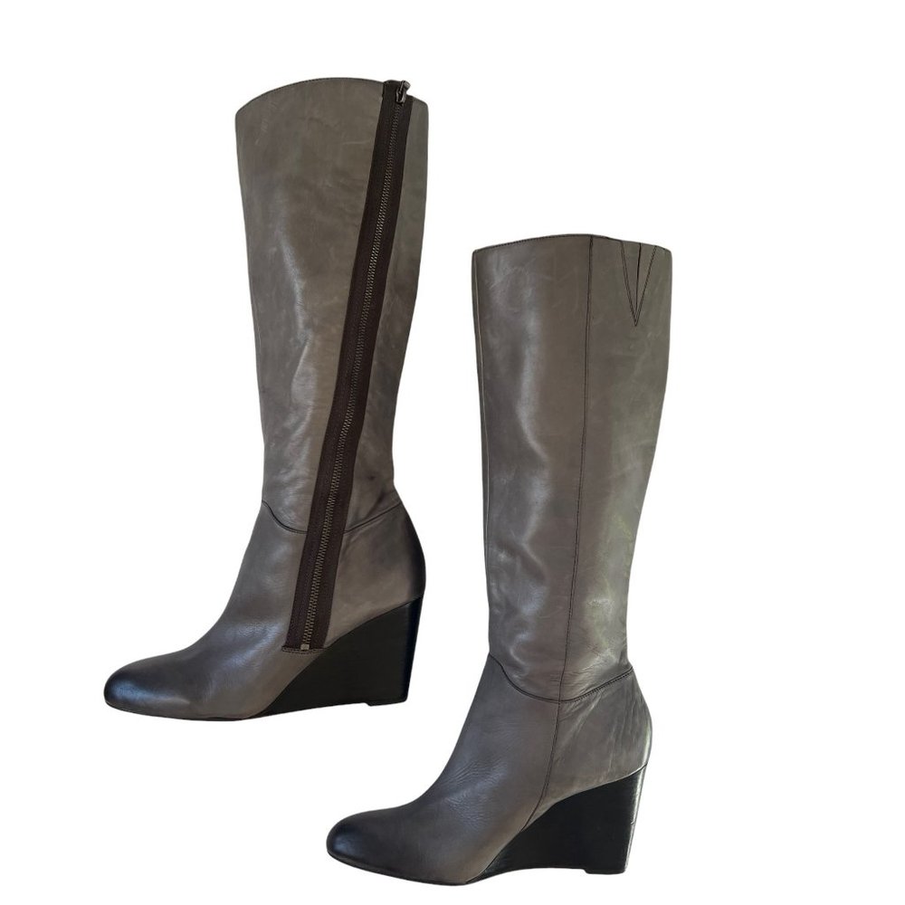 Franco Sarto A-Osteria Grey Leather Wedge Asymmetrical Zip Boots Size 11 - Picture 12 of 15